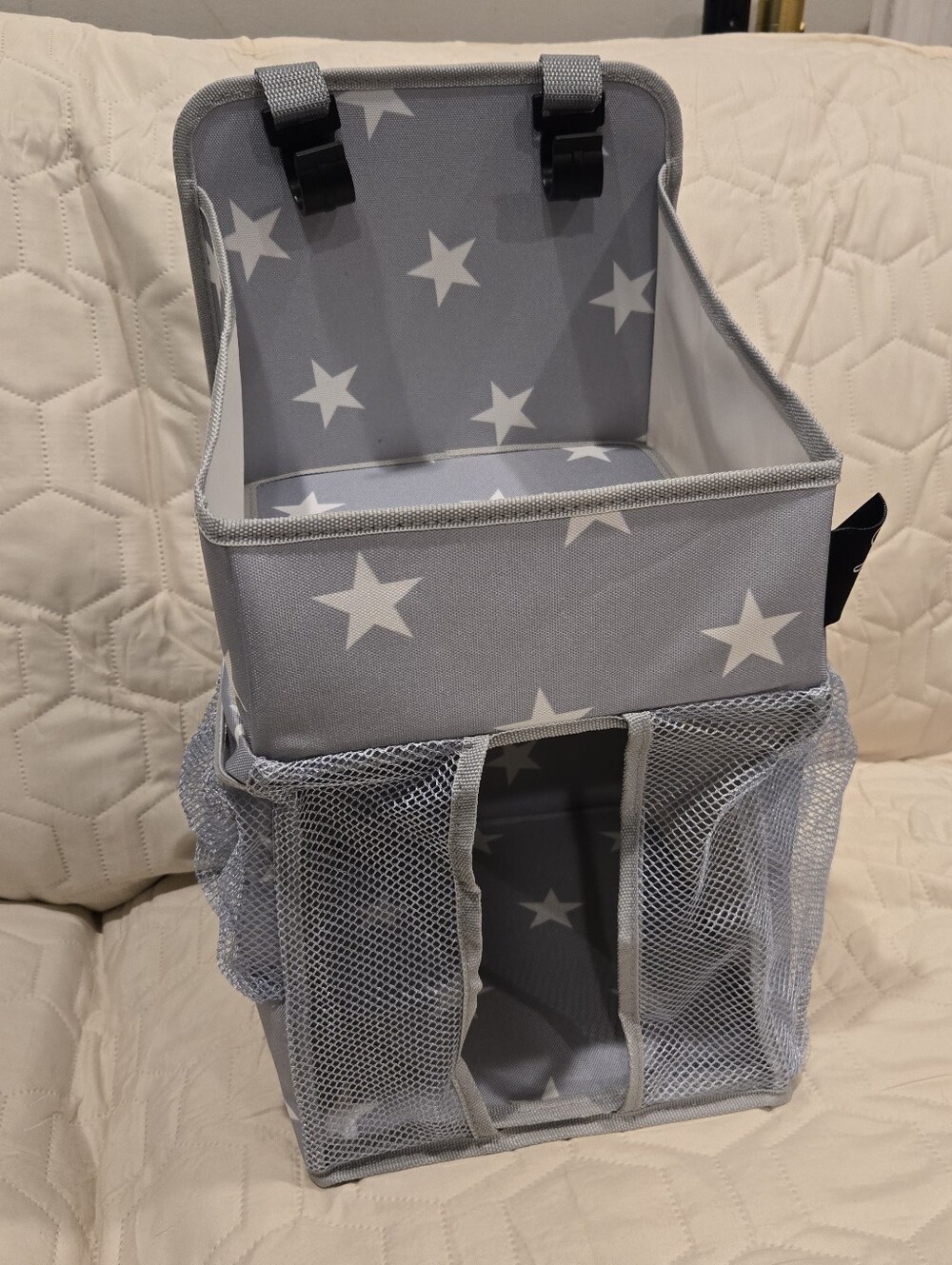Diaper Caddy/Nursery Hanging Organizer for Baby Essentials. Grey w/Star Pattern.